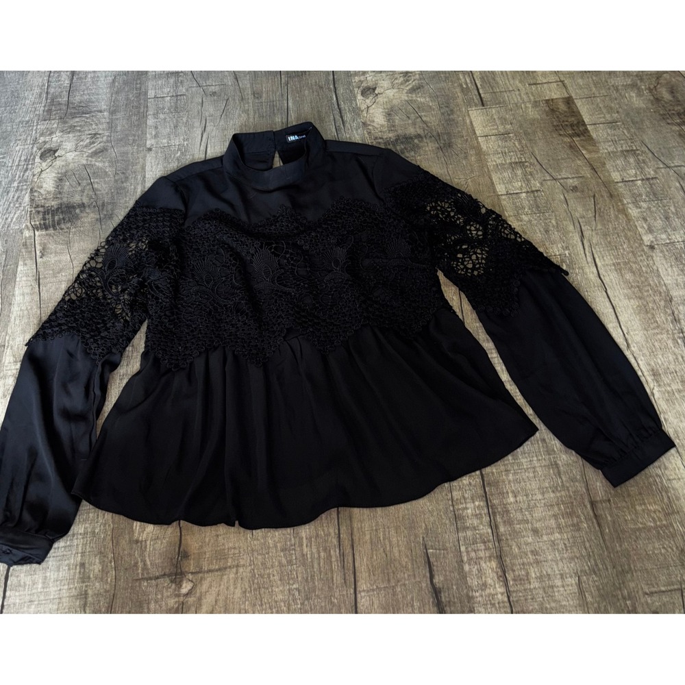 INA Black Lace Overlay Peplum Blouse Mock Neck‎ Long Sleeve Top Womens Small